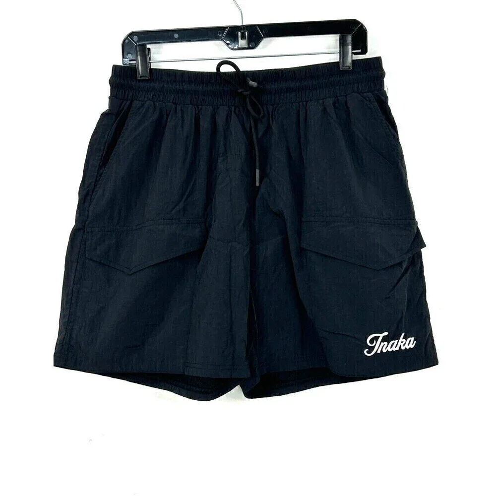 Inaka Power Mens Sz XL Nylon Black Cargo Short 5 Inch Logo Pockets Drawstring U3